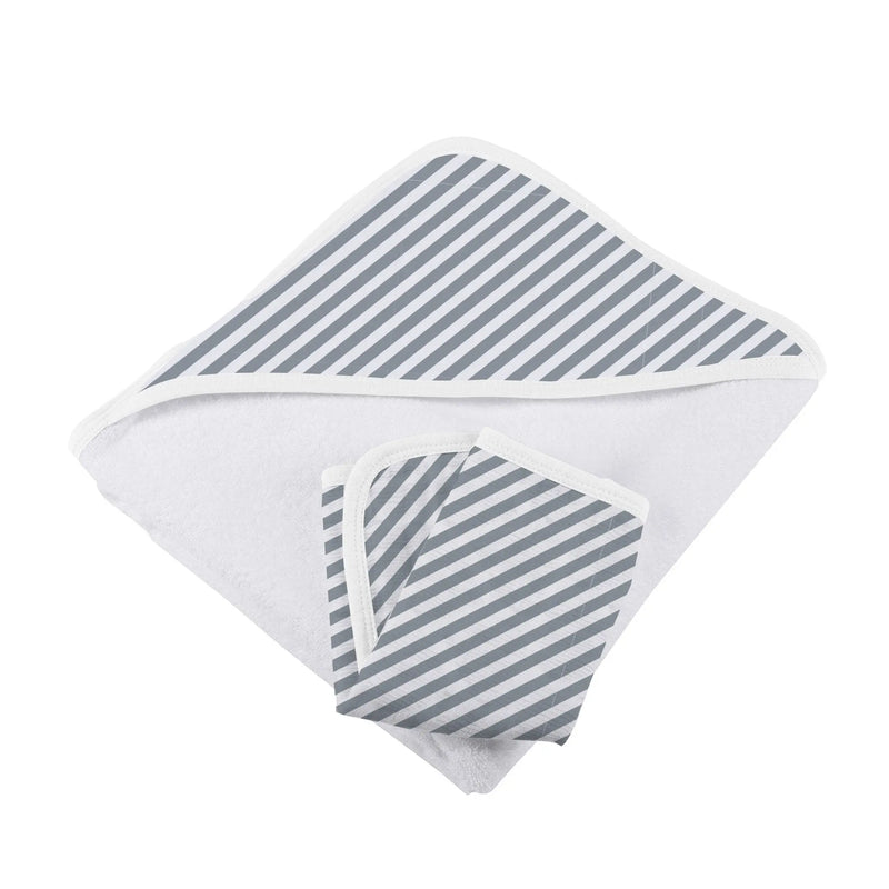 Finley Stripe Bamboo Hooded Towel and Washcloth Set in white and gray stripes.