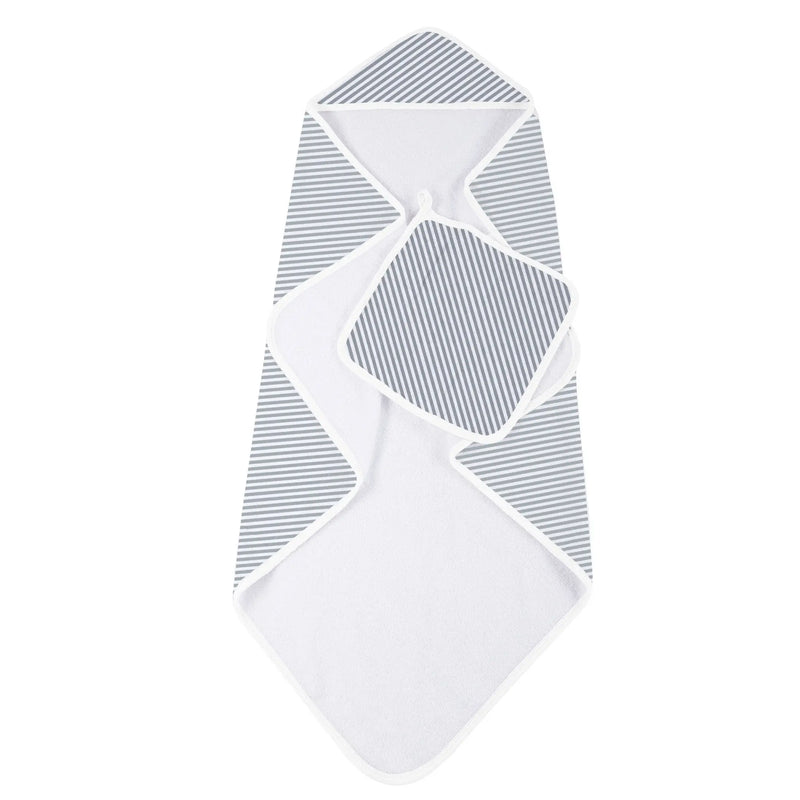Finley Stripe Bamboo Hooded Towel and Washcloth Set in gray and white stripes, made of 100% natural bamboo muslin.