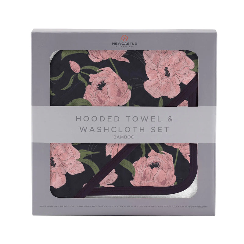 Peonies Hooded Towel and Washcloth Set with floral design in bamboo muslin packaging.