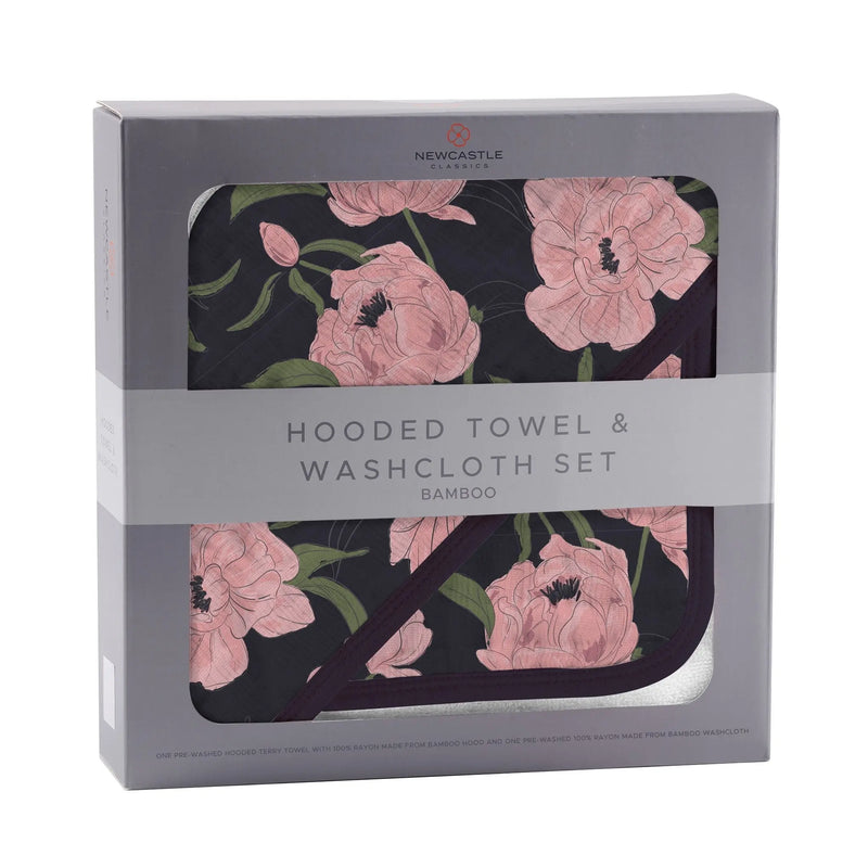 Peonies Hooded Towel and Washcloth Set in bamboo muslin packaging.