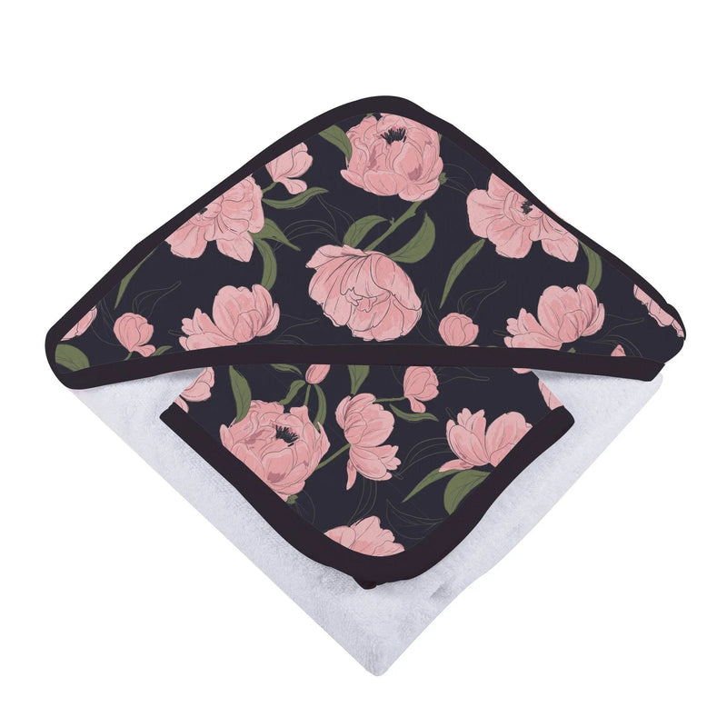 Peonies Hooded Towel and Washcloth Set, soft bamboo muslin, floral design.