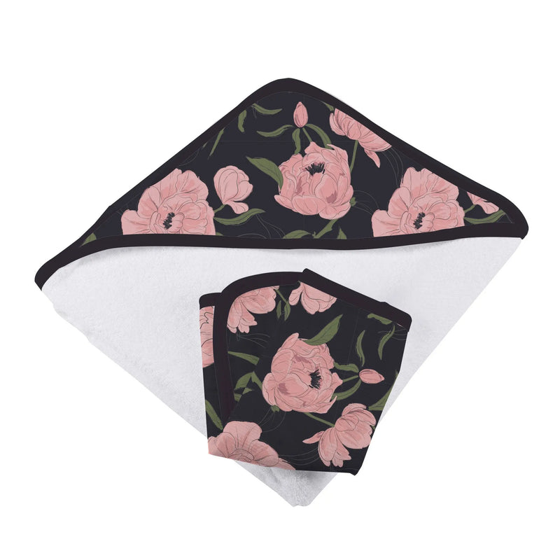 Peonies Hooded Towel and Washcloth Set in soft bamboo muslin with floral design.