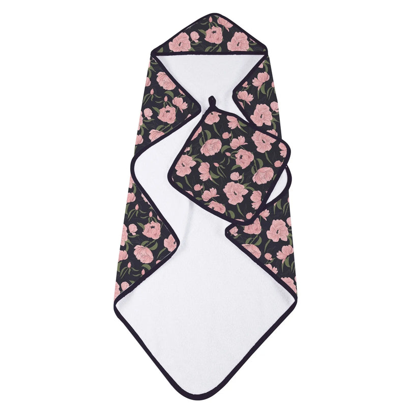 Peonies hooded towel and washcloth set in soft bamboo muslin featuring a floral pattern.