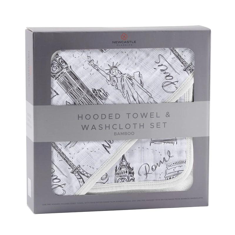 London, Paris, New York hooded towel and washcloth set in packaging, bamboo material, 35" x 35".