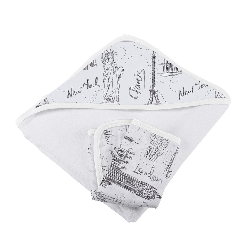 Bamboo hooded towel and washcloth set featuring London, Paris, and New York landmarks.