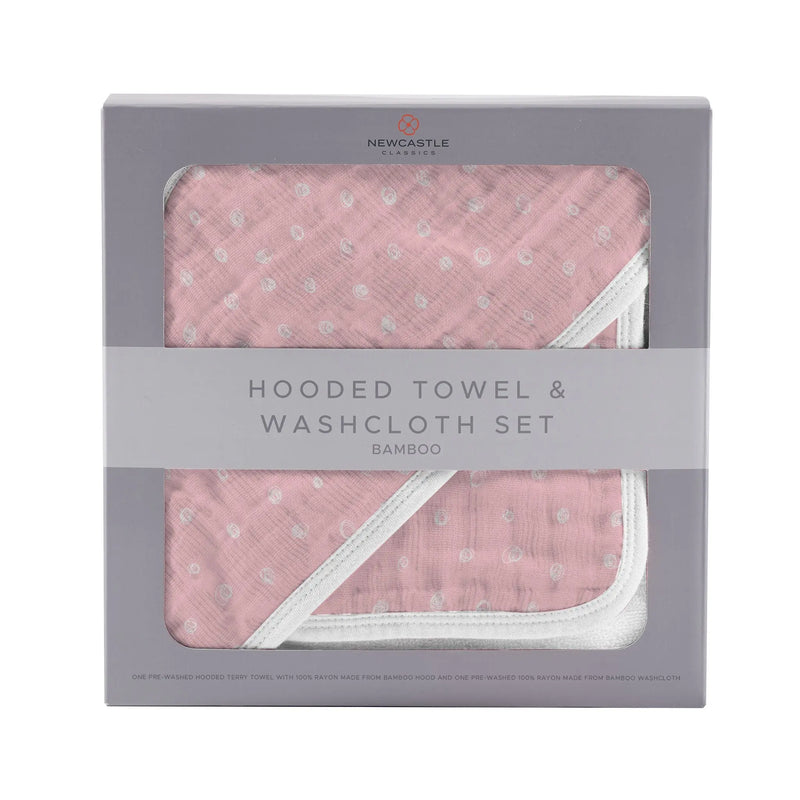 Pink Pearl Polka Dot hooded towel and washcloth set made from bamboo muslin, shown in packaging.
