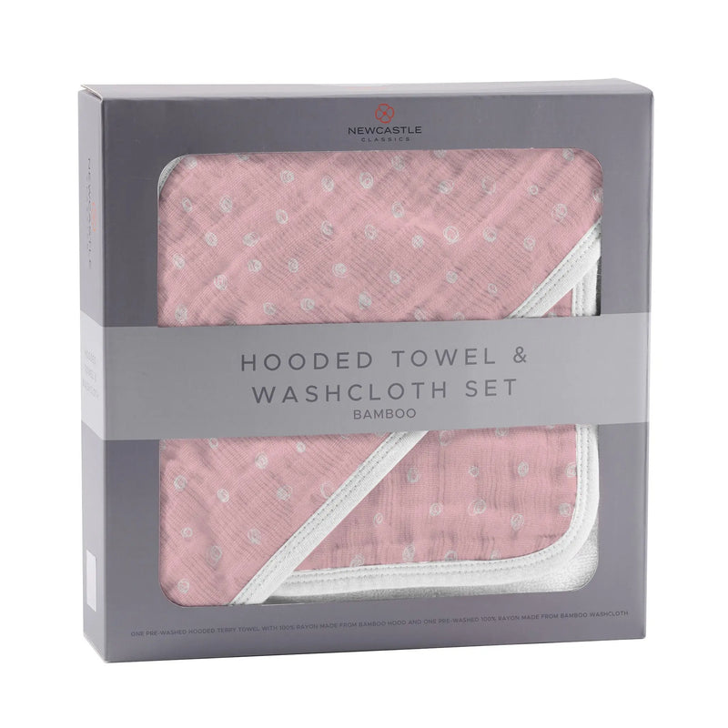 Pink Pearl Polka Dot bamboo hooded towel and washcloth set in packaging.