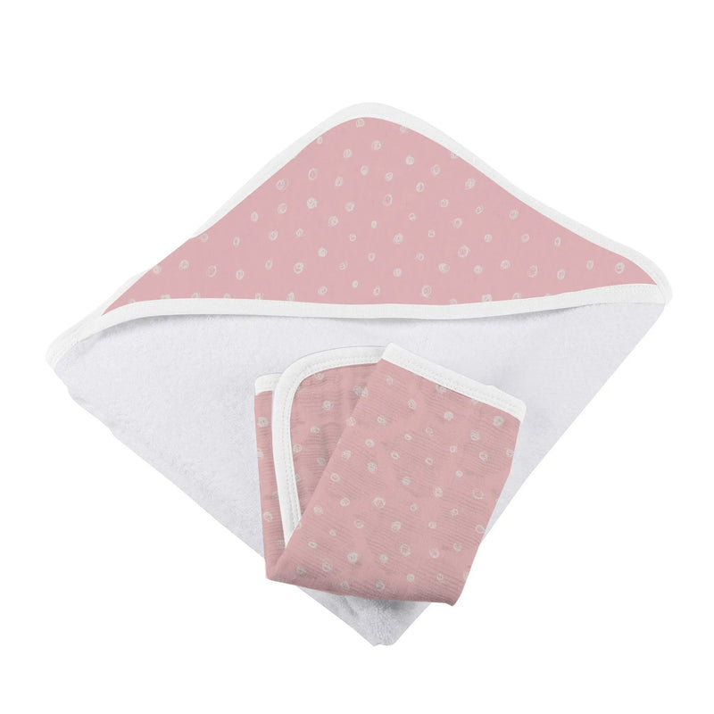 Pink Pearl Polka Dot hooded towel and washcloth set in soft bamboo muslin.