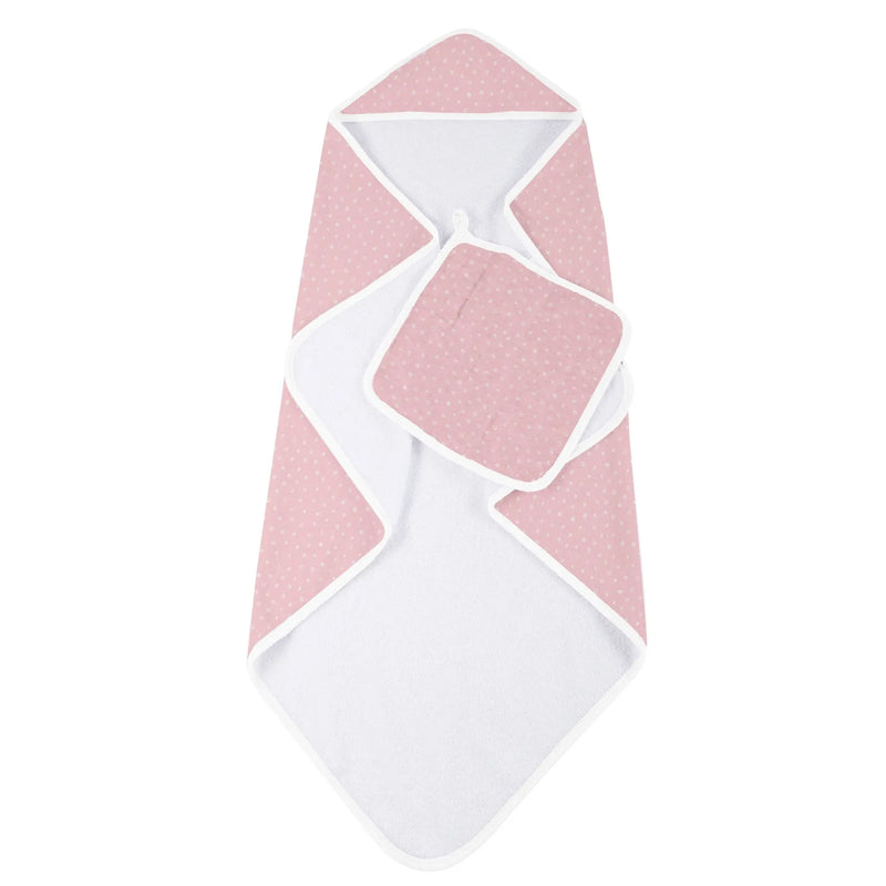 Pink Pearl Polka Dot hooded towel and washcloth set made from soft bamboo muslin.