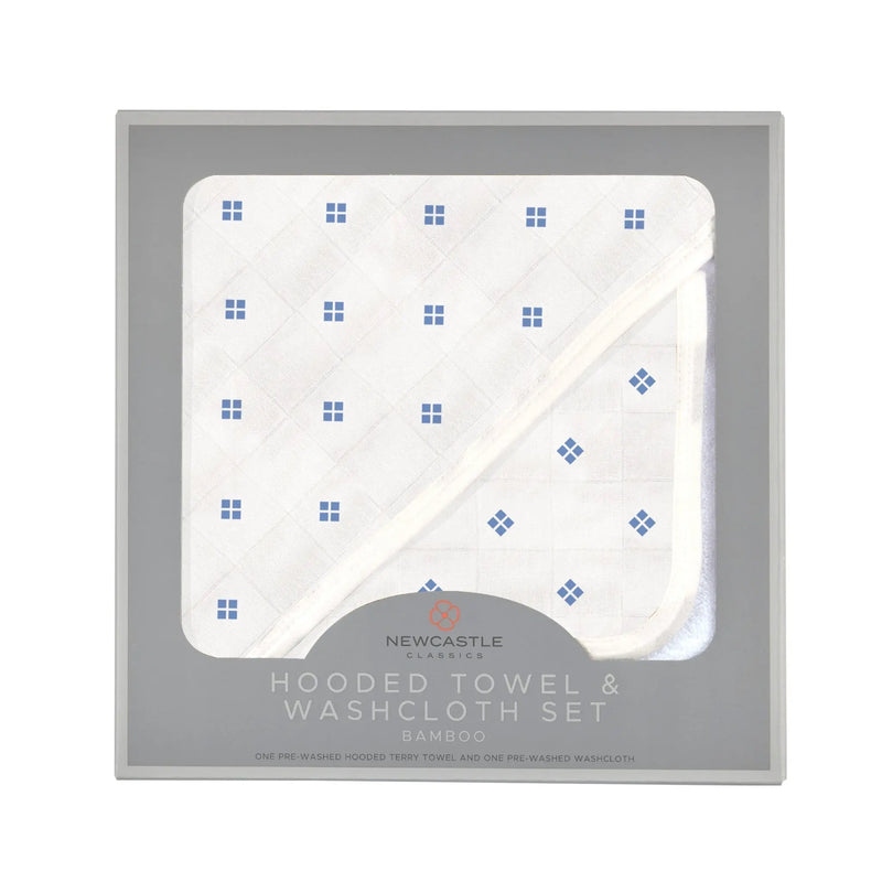 Periwinkle Diamond Polka Dot bamboo hooded towel and washcloth set in packaging.