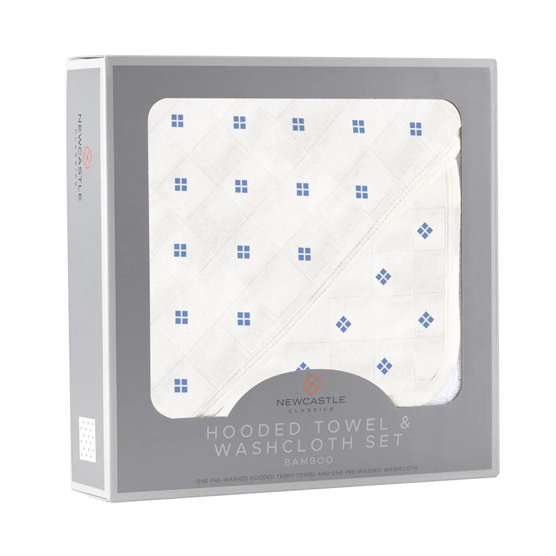 Periwinkle Diamond Polka Dot Bamboo Hooded Towel and Washcloth Set in packaging, featuring a soft and durable design.