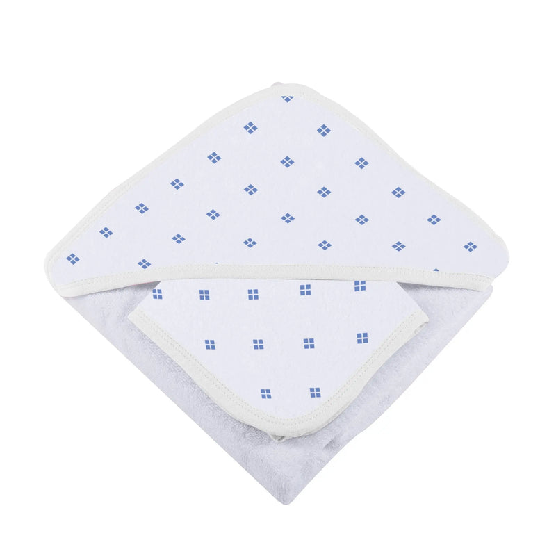 Periwinkle Diamond Polka Dot bamboo hooded towel and washcloth set.