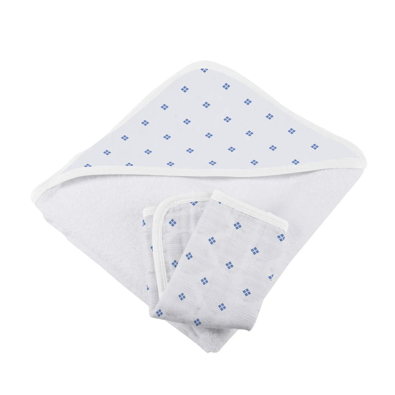Periwinkle Diamond Polka Dot Bamboo Hooded Towel and Washcloth Set in soft natural bamboo muslin.