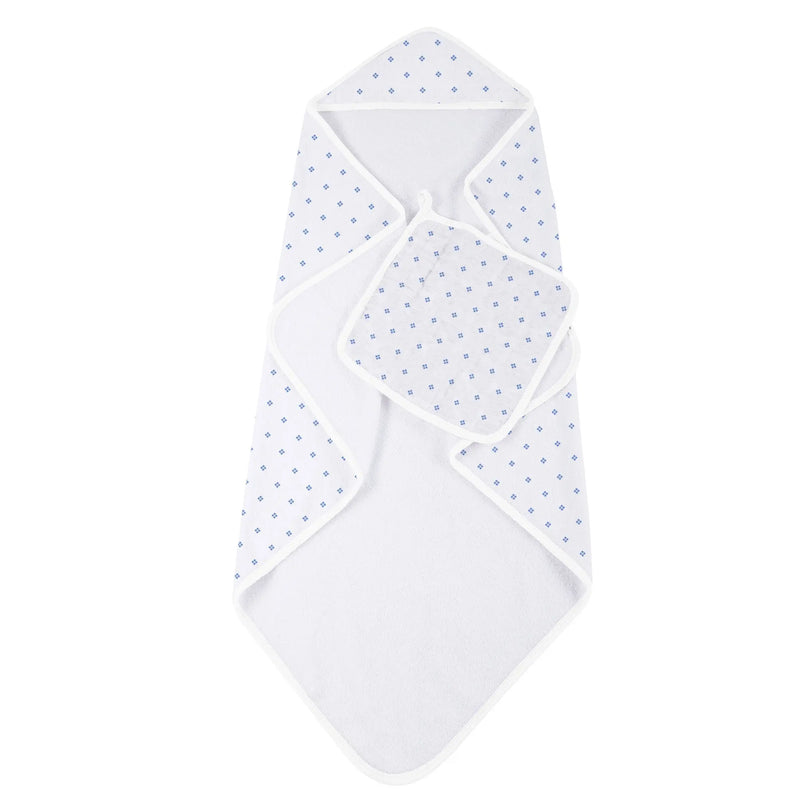Periwinkle diamond polka dot bamboo hooded towel and washcloth set.