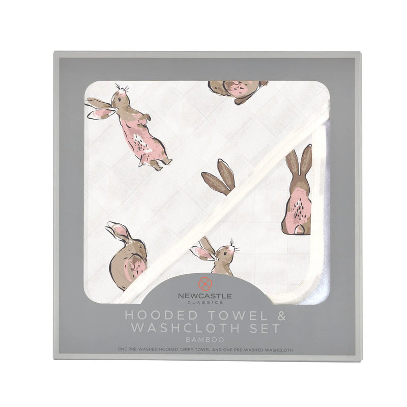 Powder Pink Bunnies Bamboo Hooded Towel and Washcloth Set in packaging.
