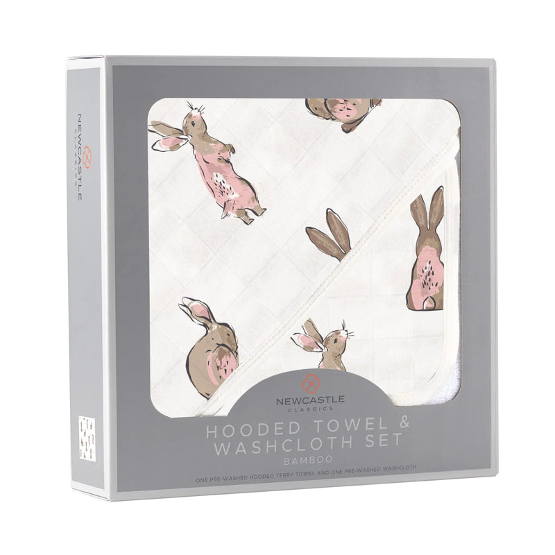Powder Pink Bunnies bamboo hooded towel and washcloth set in packaging.