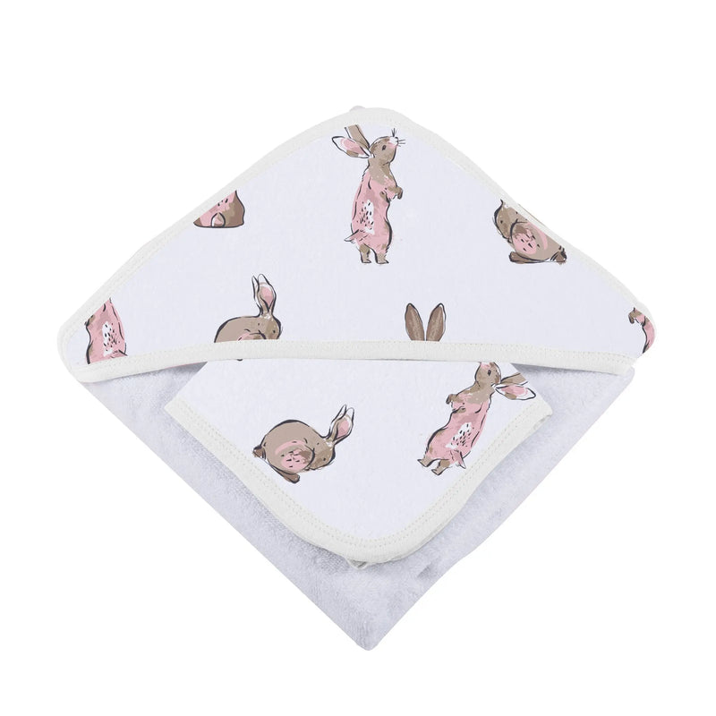 Powder pink bunnies bamboo hooded towel and washcloth set.