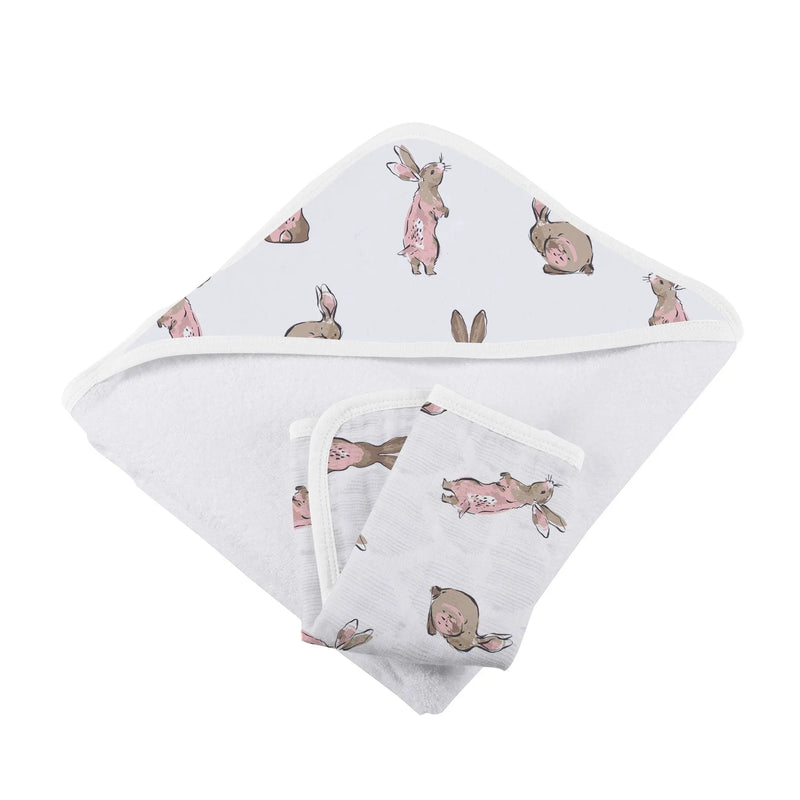 Bamboo hooded towel and washcloth set with powder pink bunnies design.