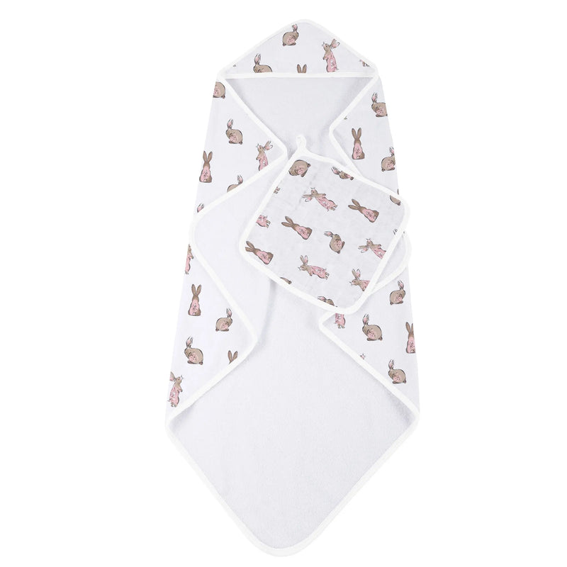 Powder Pink Bunnies bamboo hooded towel and washcloth set with bunny print.
