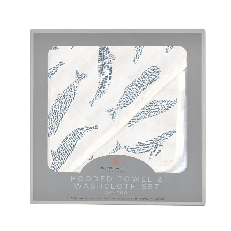 Blue Shadow Whales bamboo hooded towel and washcloth set for babies.