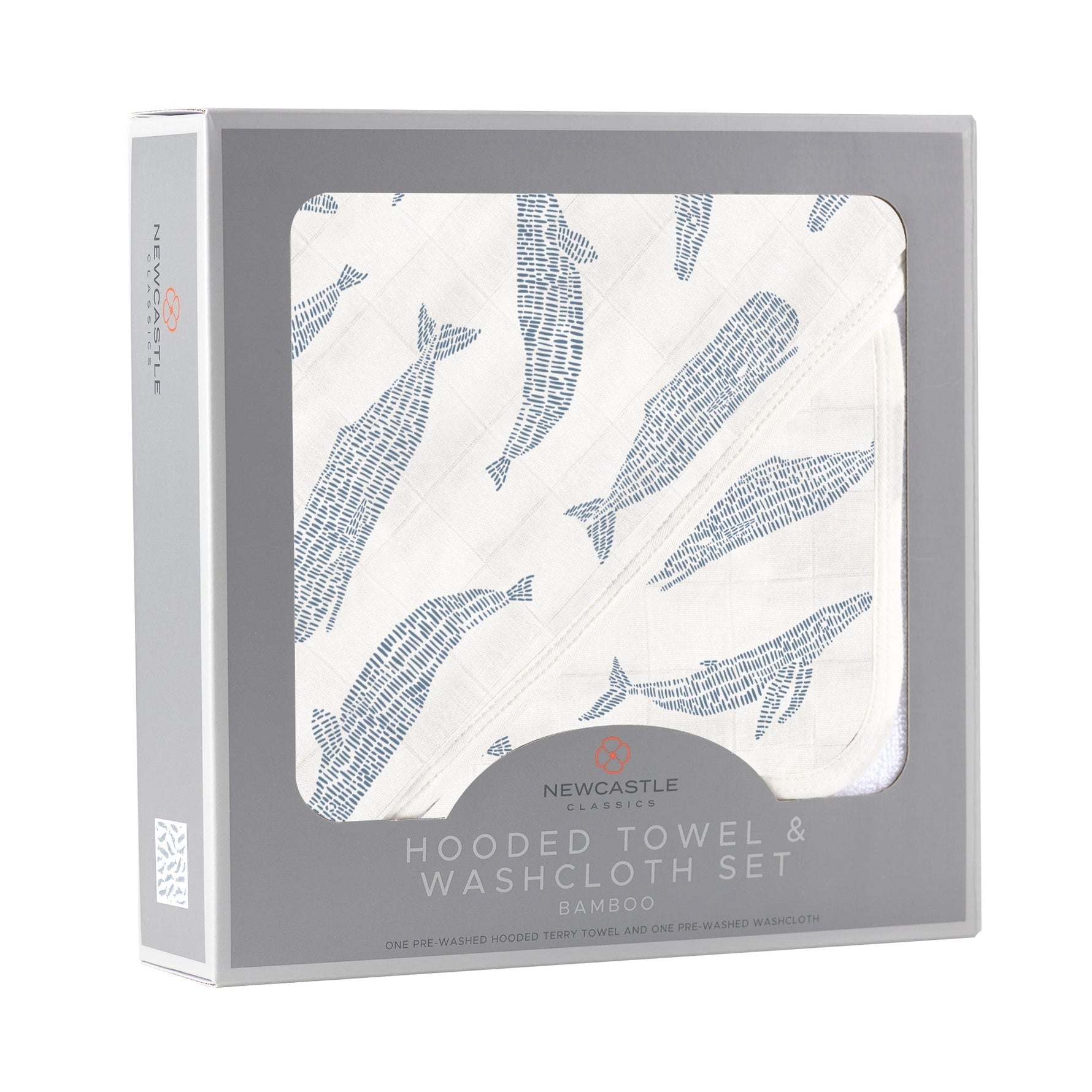 Organic Blue Shadow Whales Bamboo Hooded Towel and Washcloth Set by Newcastle Classics at Everetts Place