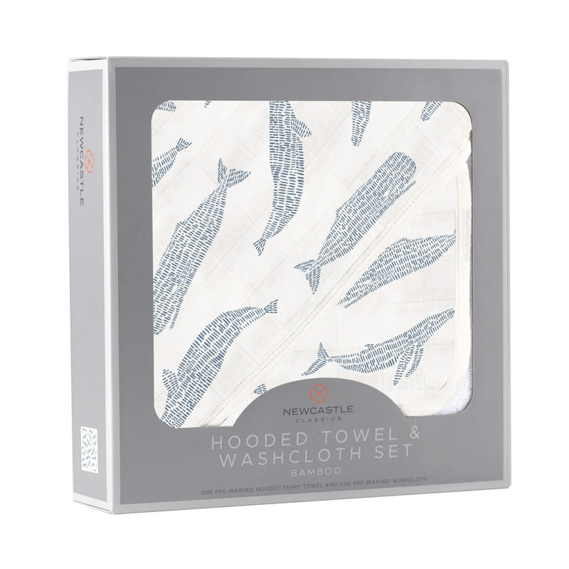Blue Shadow Whales bamboo hooded towel and washcloth set in packaging.