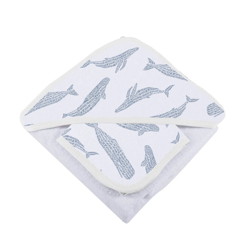 Blue Shadow Whales bamboo hooded towel and washcloth set with whale print.