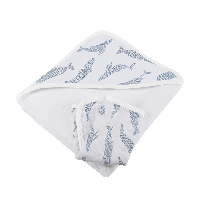 Blue Shadow Whales bamboo hooded towel and washcloth set with whale design.