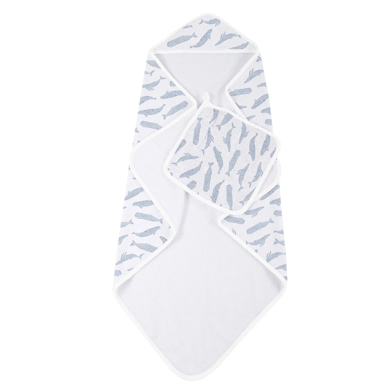 Blue Shadow Whales bamboo hooded towel and washcloth set.