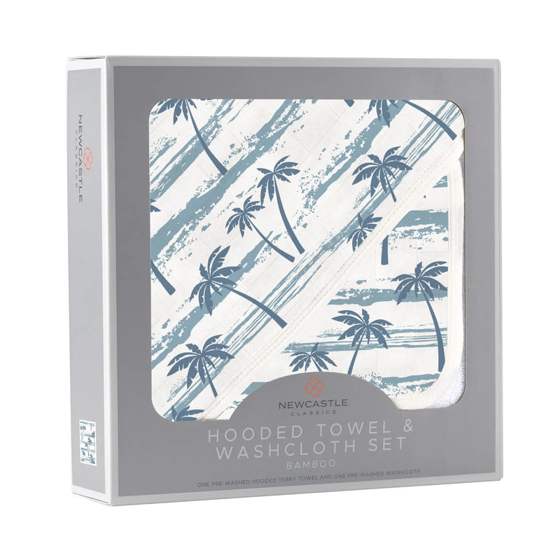 Ocean Palm Trees bamboo hooded towel and washcloth set in packaging.