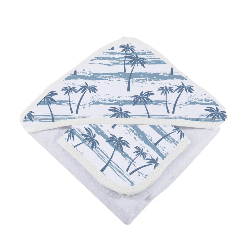 Ocean Palm Trees bamboo hooded towel and washcloth set for babies.