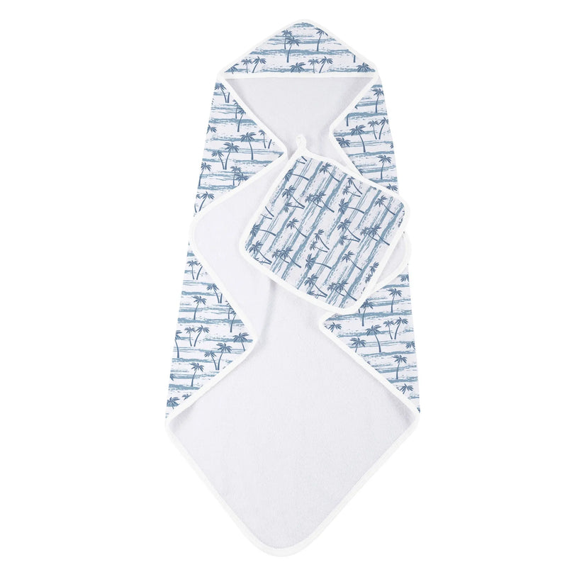 Ocean Palm Trees bamboo hooded towel and washcloth set in blue palm tree pattern.