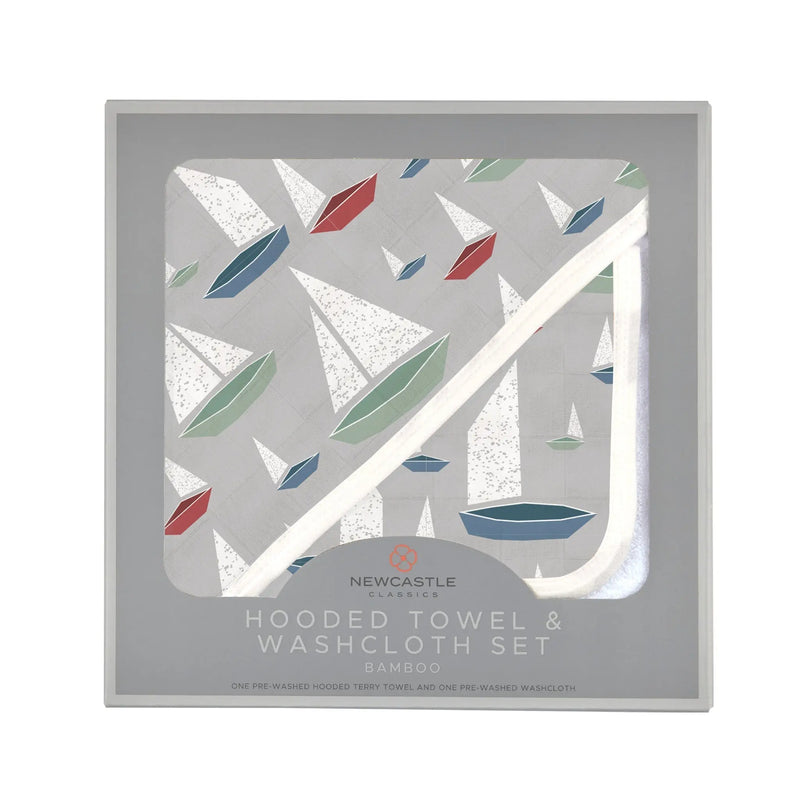Bamboo hooded towel and washcloth set with marina sailboats design.
