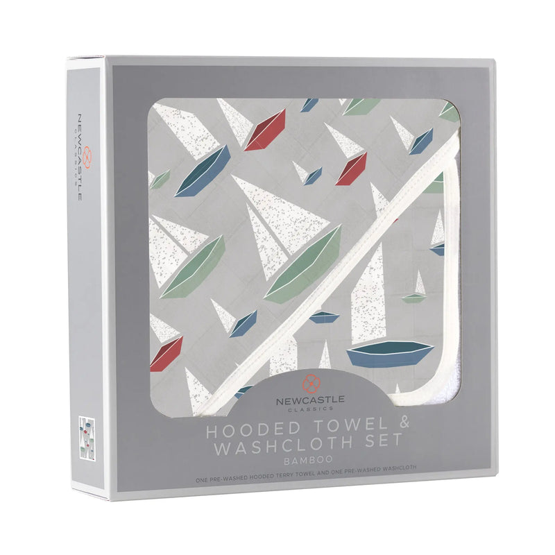 Bamboo hooded towel and washcloth set with marina sailboats design.