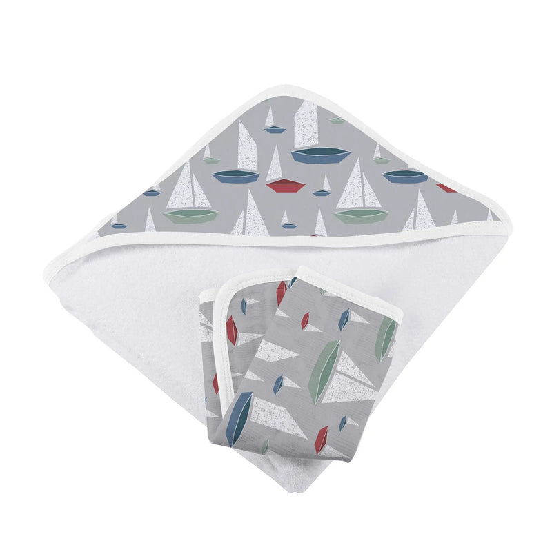 Bamboo hooded towel and washcloth set featuring marina sailboats design.