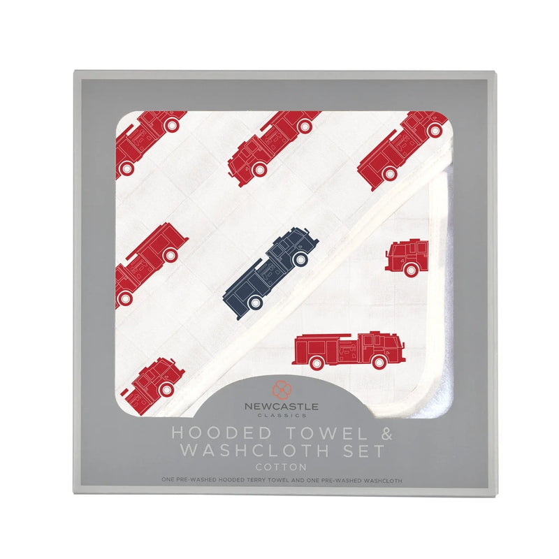 Blue and red fire trucks hooded towel and washcloth set in packaging.