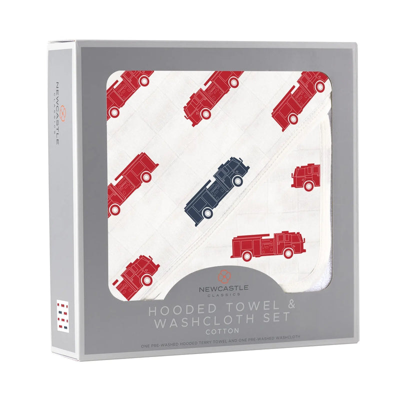 Blue and red fire trucks hooded towel and washcloth set in soft cotton, 35" x 35".