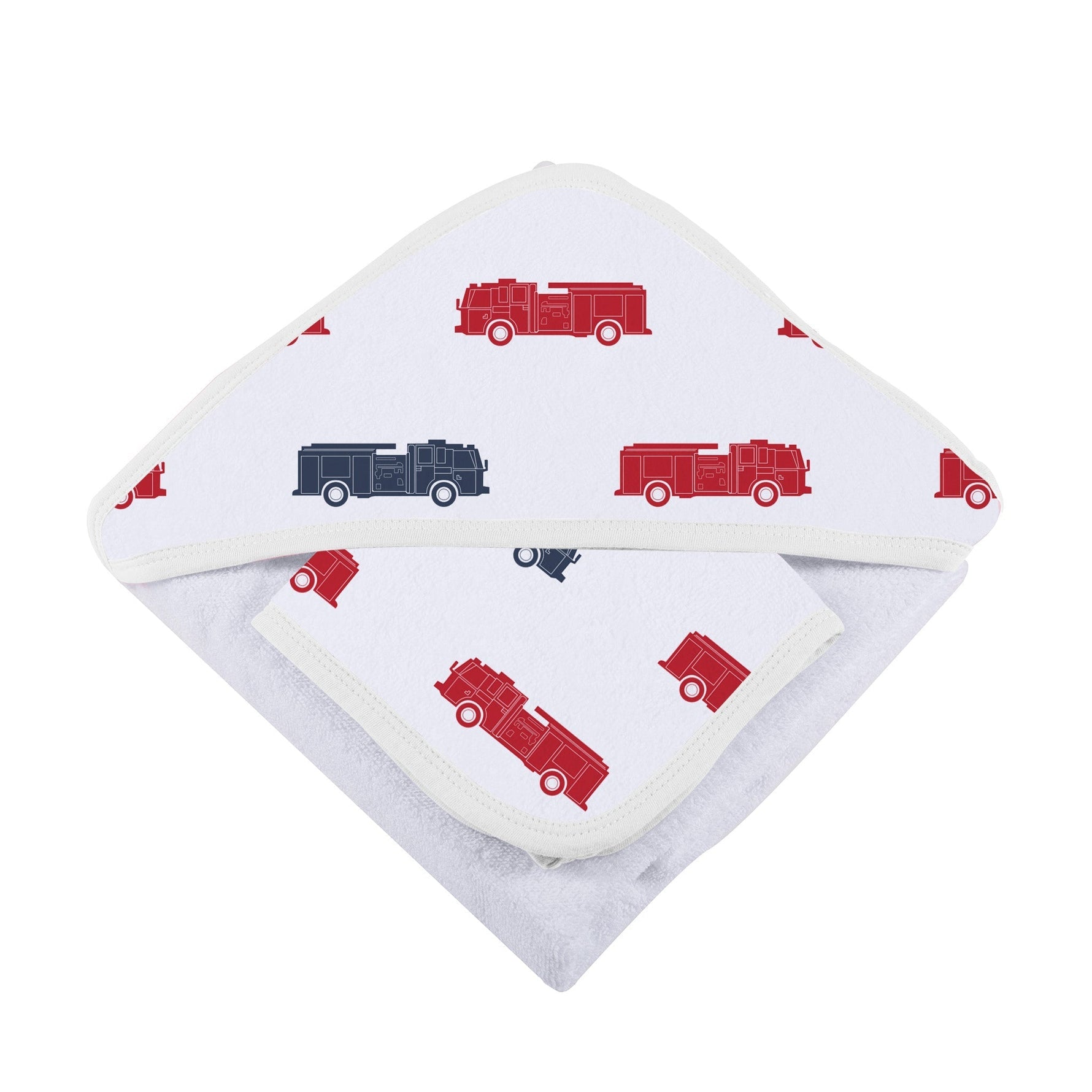 Blue and Red Fire Trucks Hooded Towel and Washcloth Set by Newcastle Classics at Everetts Place