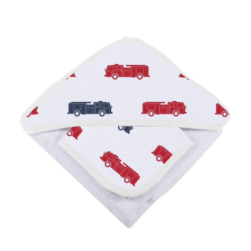 Blue and red fire trucks hooded towel and washcloth set, 100% cotton, size 35" x 35".