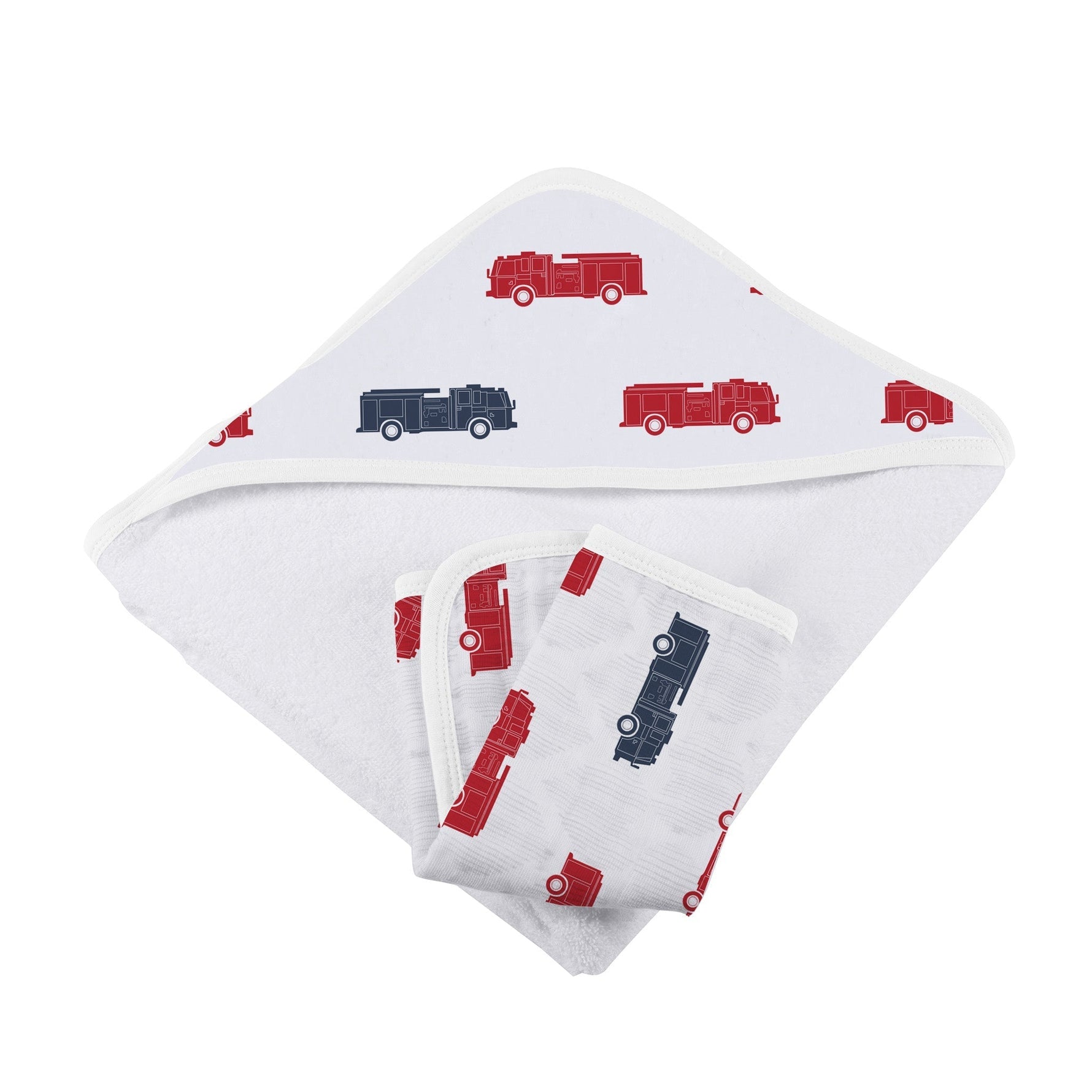 Blue and Red Fire Trucks Hooded Towel and Washcloth Set by Newcastle Classics at Everetts Place