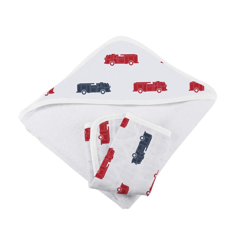 Blue and red fire trucks hooded towel and washcloth set made of soft 100% cotton.