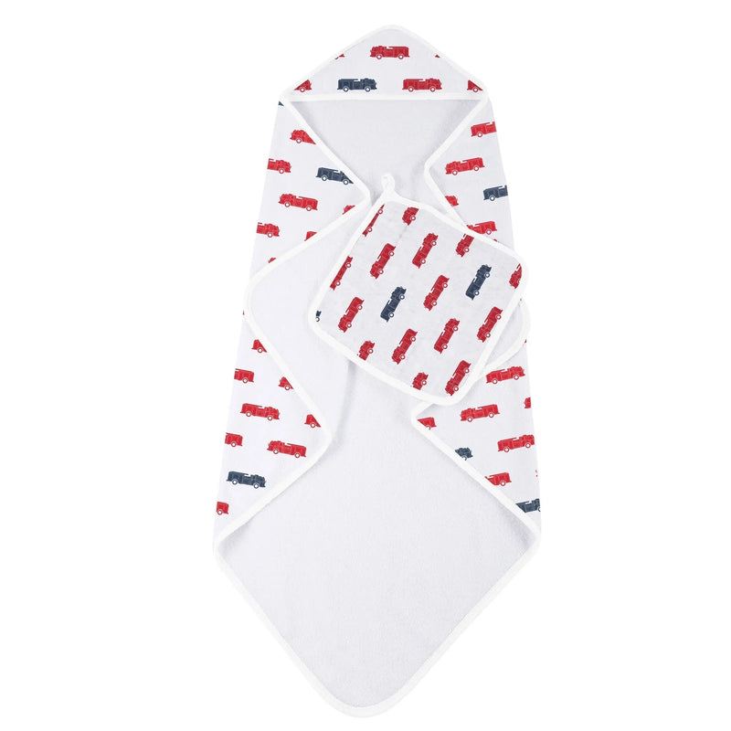 Blue and red fire trucks hooded towel and washcloth set for kids, 100% cotton.