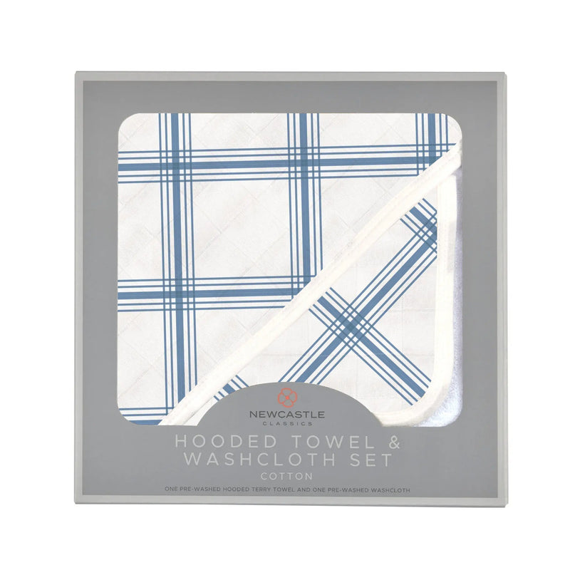 Blue Buffalo Check plaid hooded towel and washcloth set in packaging.