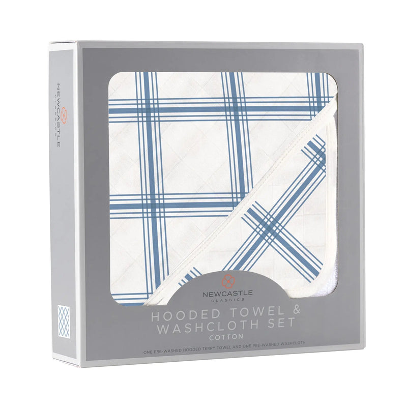 Blue buffalo check plaid hooded towel and washcloth set in soft cotton, size 35x35 inches.