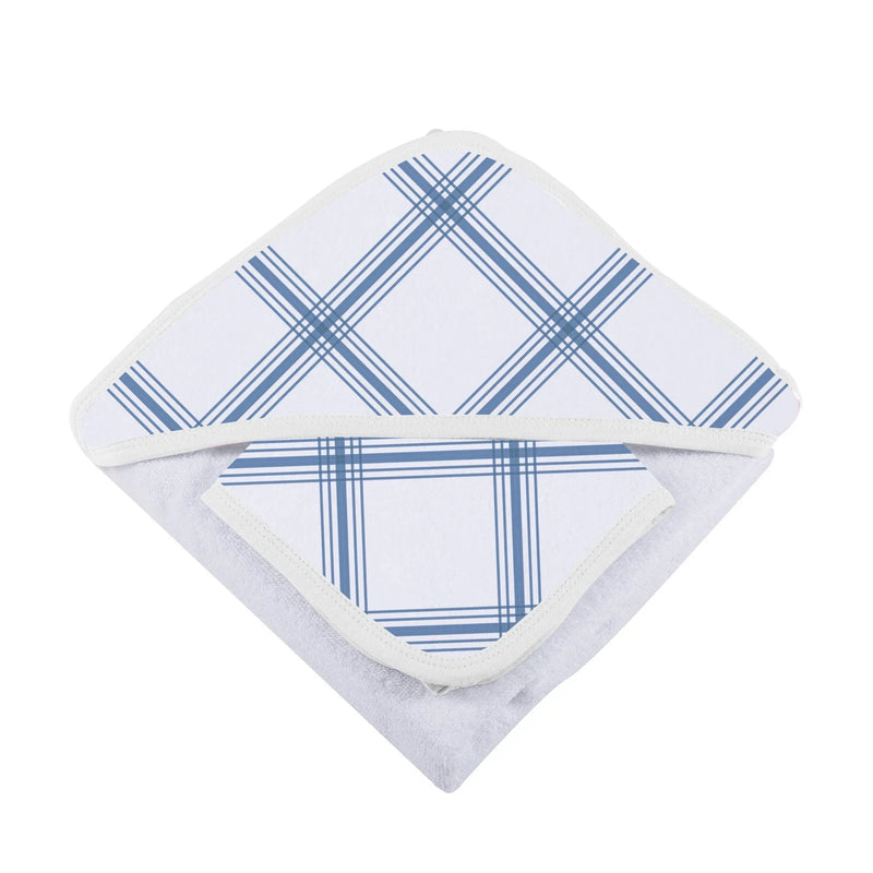 Blue Buffalo Check plaid hooded towel and washcloth set in soft cotton, 35" x 35".