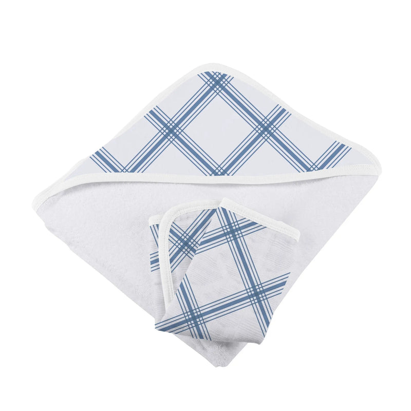 Blue Buffalo check plaid hooded towel and washcloth set, cotton, 35x35 inches.