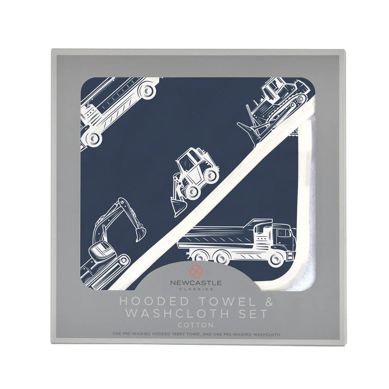 Hooded towel and washcloth set featuring construction vehicles design in soft cotton.