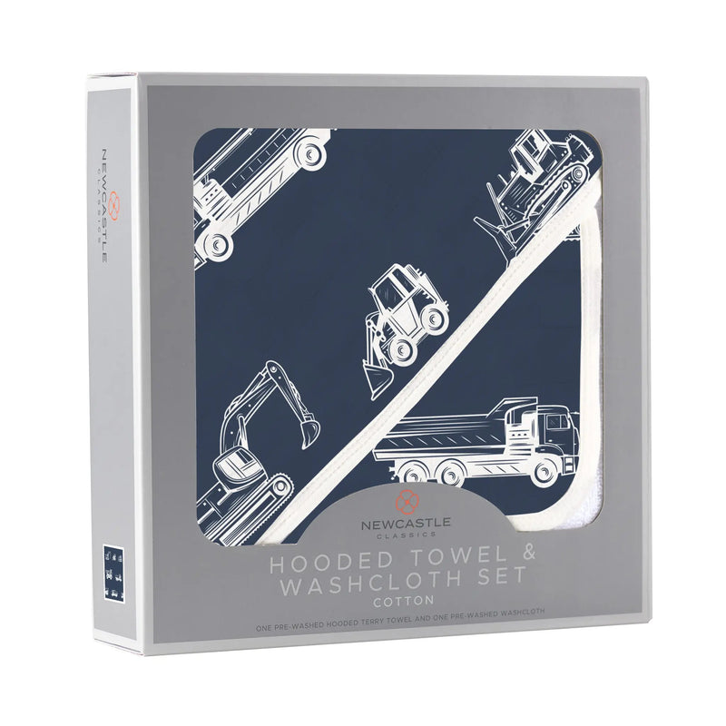 Hooded towel and washcloth set with construction vehicle design in box, 100% cotton, 35" x 35".