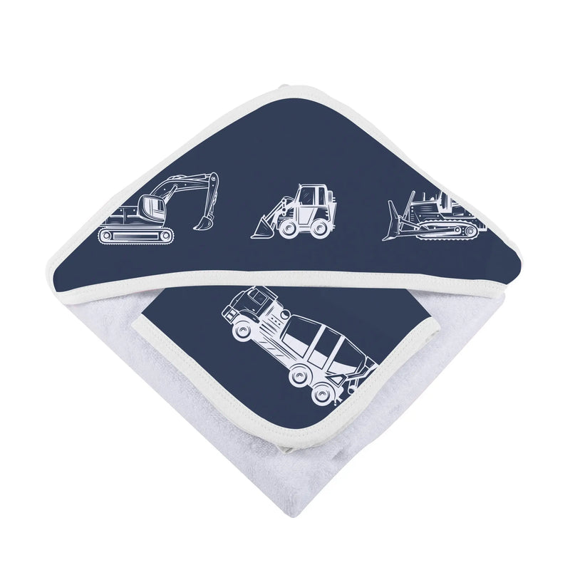 Hooded towel and washcloth set with construction vehicle design, 100% cotton, 35" x 35".