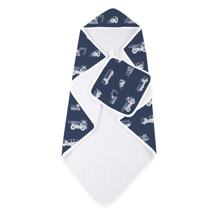 Hooded towel and washcloth set in navy with vehicle patterns, 100% cotton.